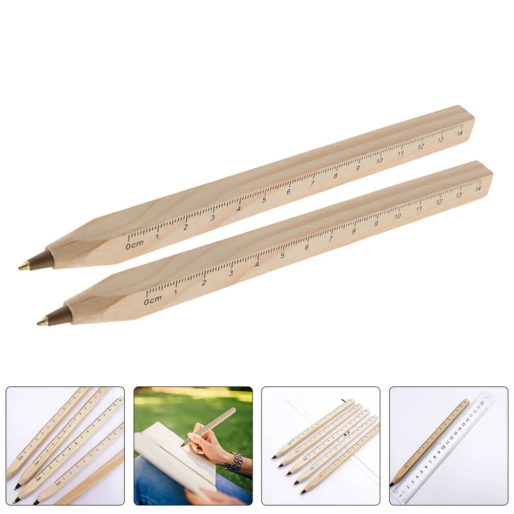 10Pcs Wooden Ballpoint Pen with Built-in Ruler School Supplies Office Stationery Aesthetic Creative Journaling Pen Pocket Size