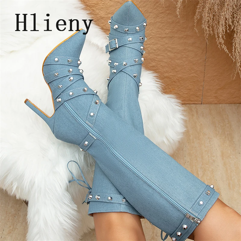 Hlieny Winter New Design Rivet Denim Button Strap Women Knee-High Boots Sexy Pointed Toe High Heels Stripper Female Zipper Shoes