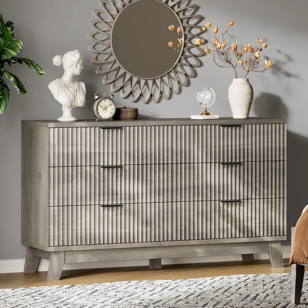 

Fluted Dresser with 6 Drawers, 54 Wide Modern Chest of Drawers with Metal Handle, Wooden Dresser TV Stand, Wood Closet Clothes S