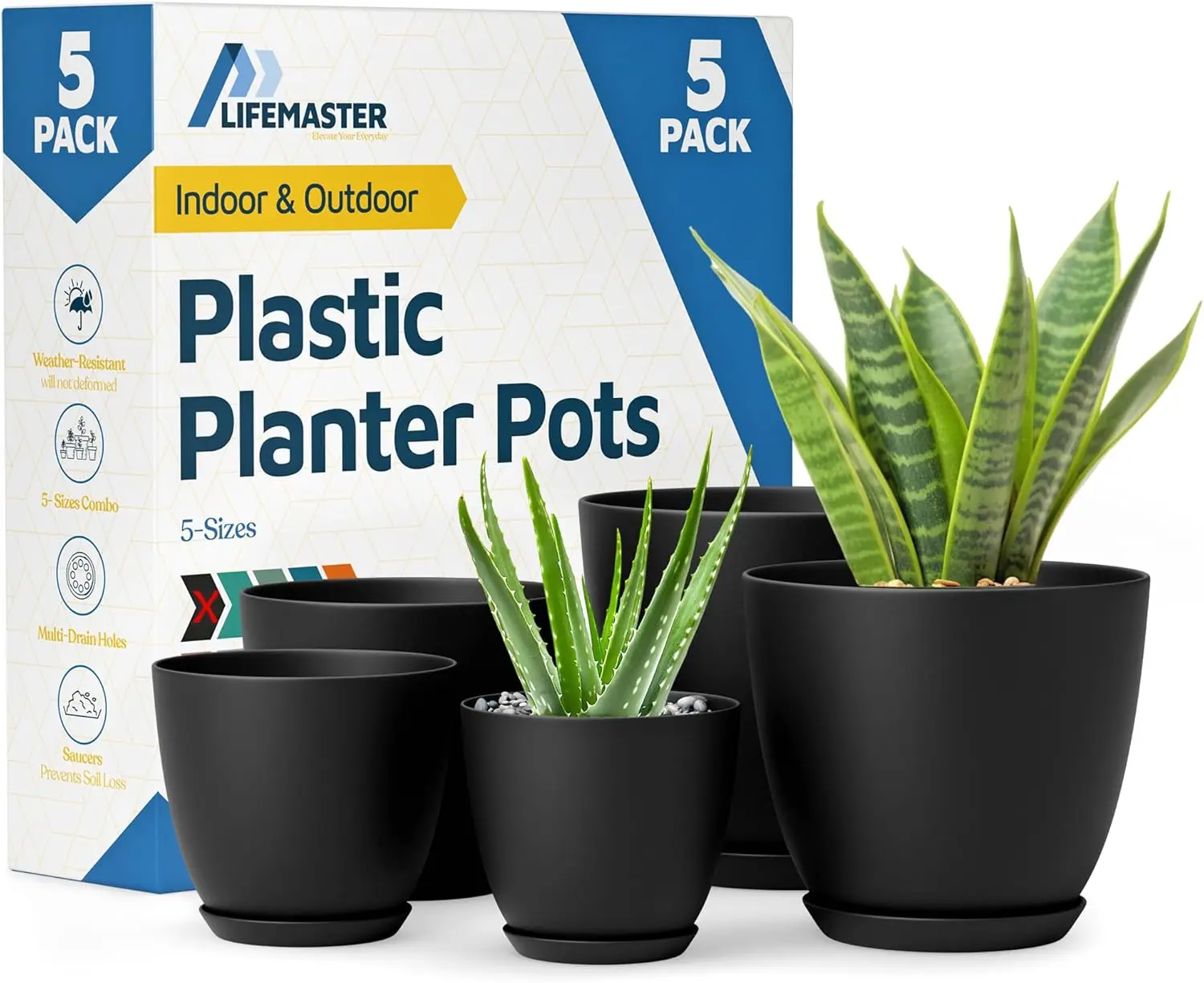 

5-Piece Stackable Plastic Plant Pots with Drainage Holes for Indoor Outdoor Gardening - Versatile Home Decor
