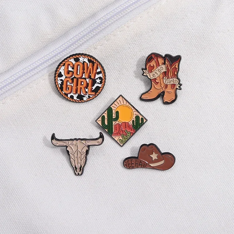 Cowgirl Boots Enamel Pin Western Mexican Cactus Bull Head Lapel Badges Decor for Shirt Bags Brooches Jewelry Gift for Friends