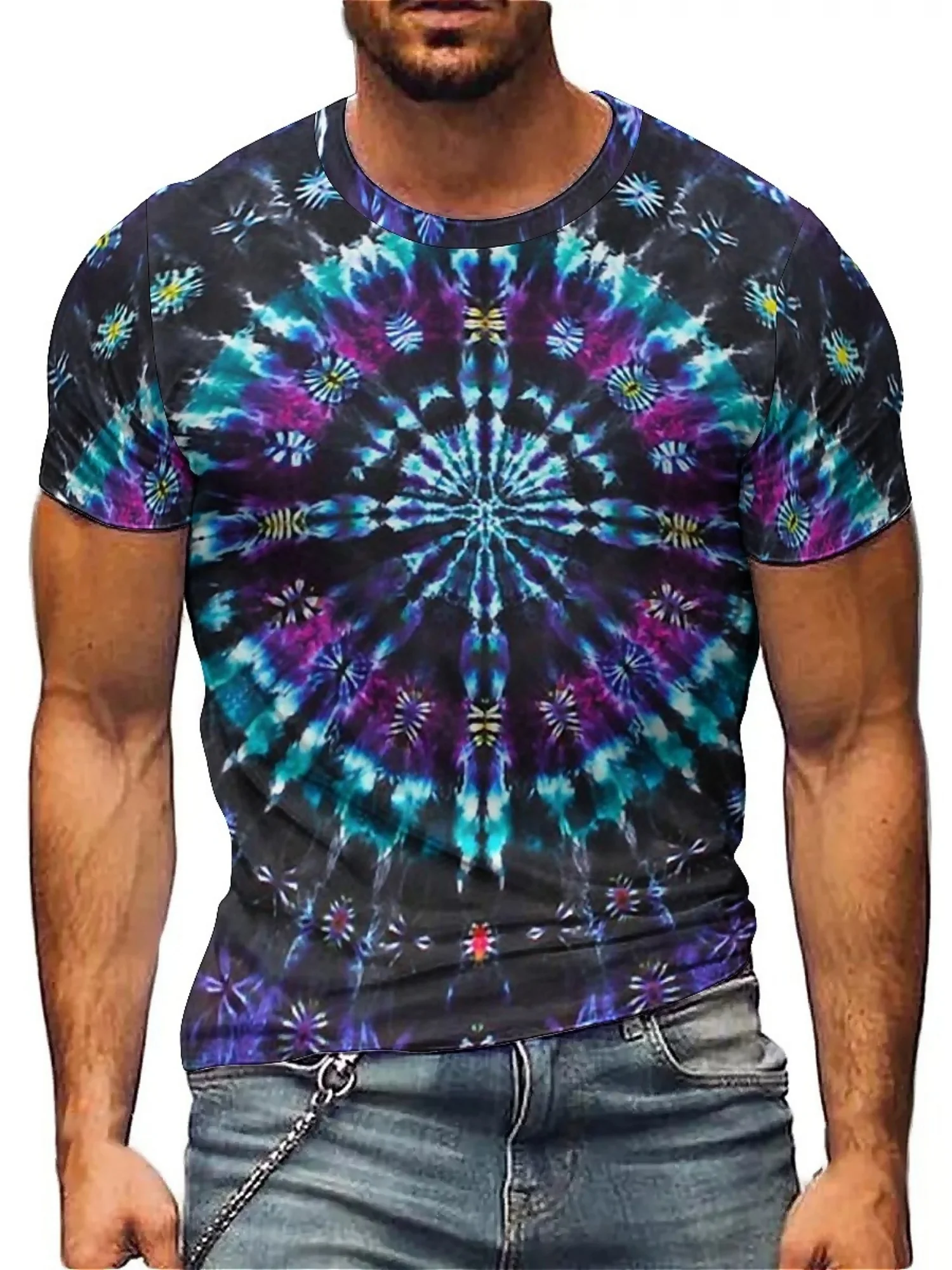 

Men's 3D Printed Tie-Dye T-Shirt with Geometric Art Pattern - Vibrant Blue Purple Pink Yellow Green on Black