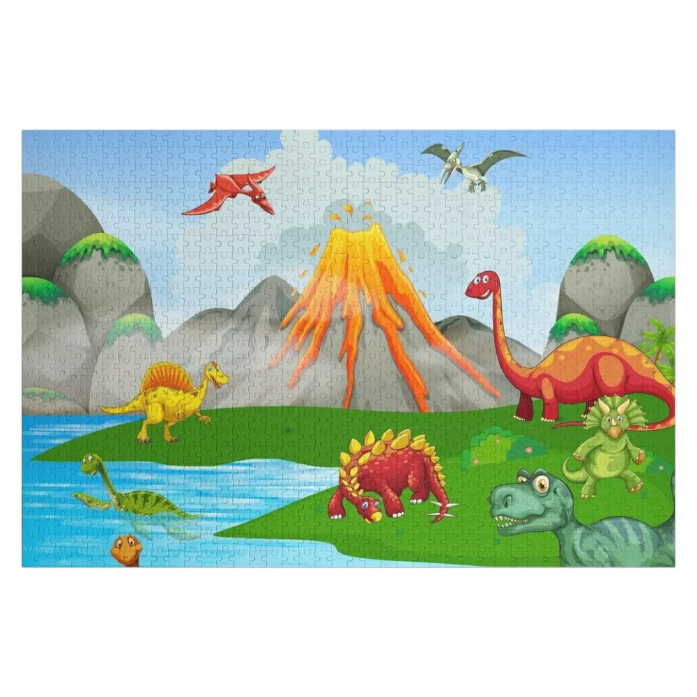 prehistoric landscape, cute cartoon dinosaurs volcano mountains Jigsaw Puzzle Wood Animals Jigsaw For Kids Custom Child Puzzle
