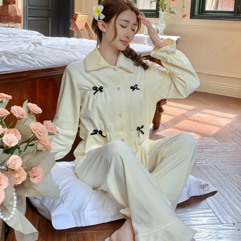 

island Velvet Pijamas Suit Winter Female 2PCS Pajamas Set Lapel Long Sleeve Sleepwear Women Elastic Waist Pyjamas Home Clothes