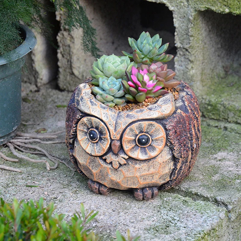 Owl Ceramic Succulent Planter With Drainage Hole American Style Handmade Brown Old Tree Stump Around Animal Flower Pot Container