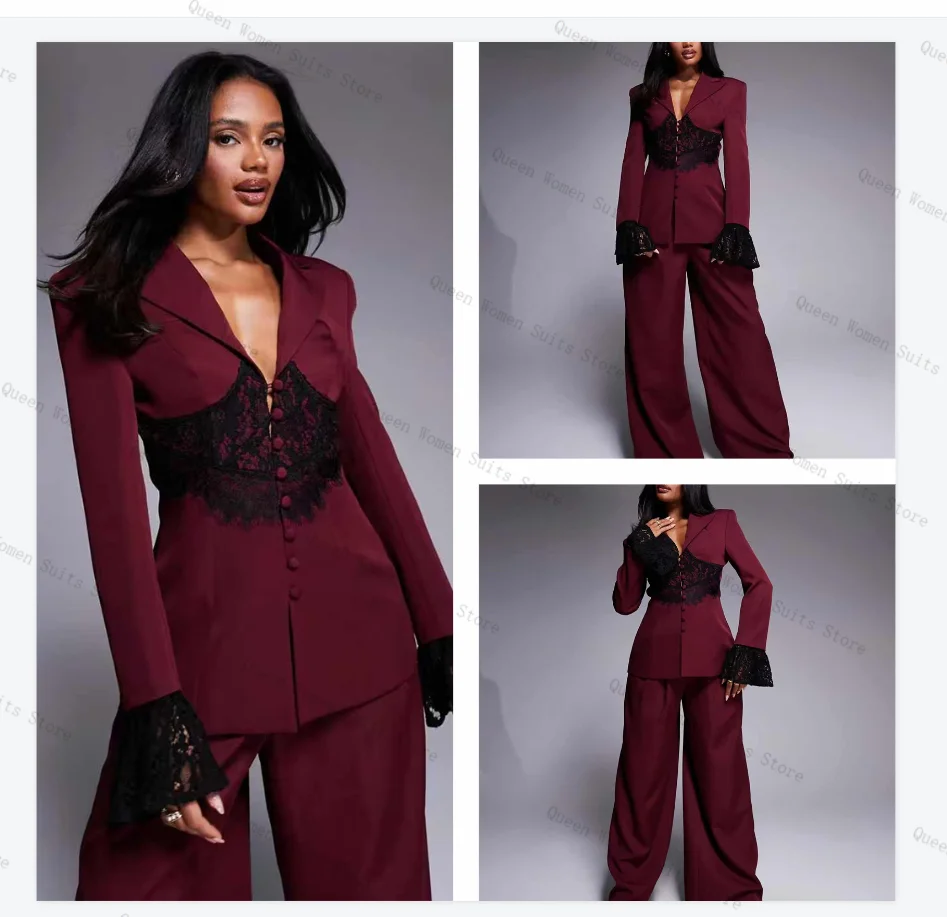 

Burgundy Lace Women Suit Set 2 Piece Blazer Pants Trousers Flare Sleeves Formal Office Lady Jacket Wedding Bride Coat Customized