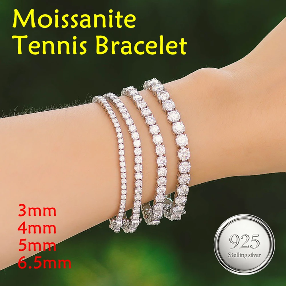 3/4/5/6.5mm S925 Sterling Silver D Color VVS1 Moissanite Tennis Bracelet  Jewelry For Women