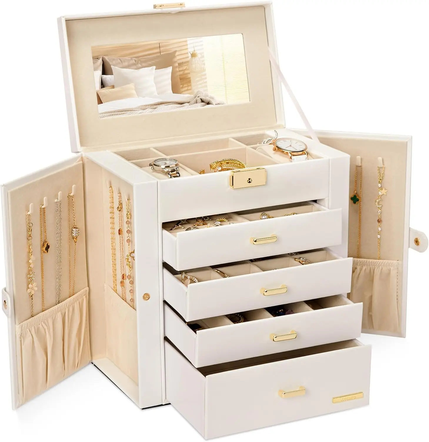 

Leather Huge Jewelry Box Mirrored Watch Organizer Necklace Ring Earring Storage Gift Case (White + Gold)
