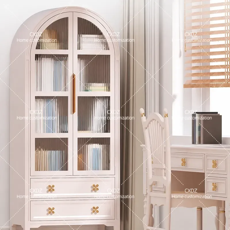 American Solid Wood Bookcase European Arch Curved Retro Bookshelf Display Storage Cabinet Furniture