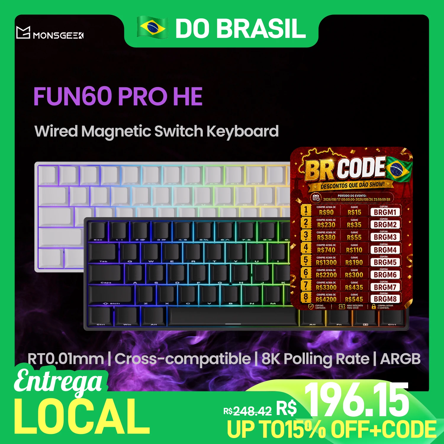 MonsGeek FUN60 PRO HE Teclado Mecânico 60% Interruptor Magnético Gatilho Rápido 0.01mm 8K Taxa de Orolling Teclado para Jogos com Fio
