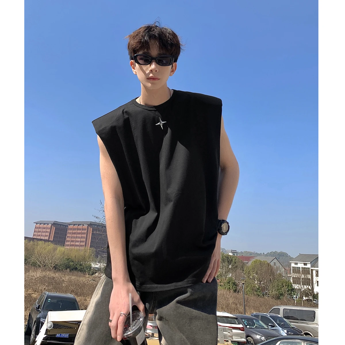 

Мужская летняя теннисная майка American Style оверсайз без рукавов, спортивная, с защитой плеч, модная, свободного кроя, молодежная