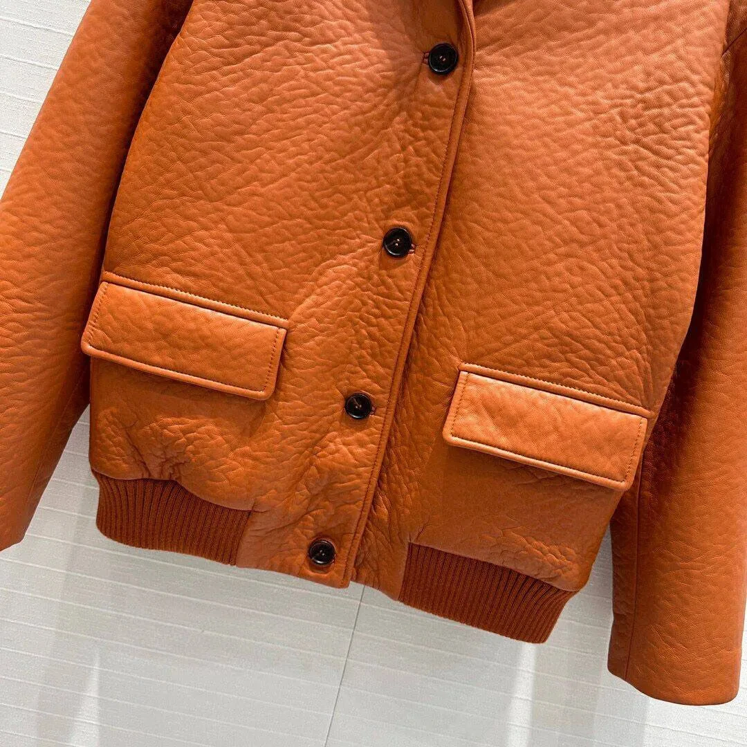 Best Quality 100% Sheepskin Loose Cool Coat Women Notched Long Sleeve Pockets Single Breasted Vintage Real Leather Jacket