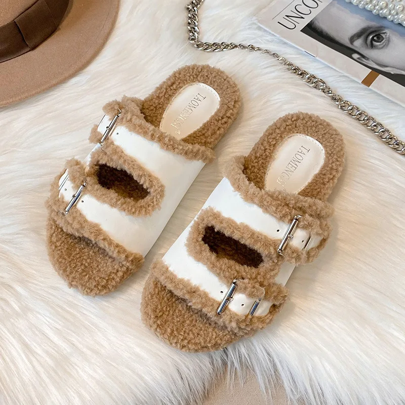 Ladies Slippers for Outer Wear Suede Warm Slippers Women's Outside Thick Sole Double Buckle Fur Slippers Flat Bottom