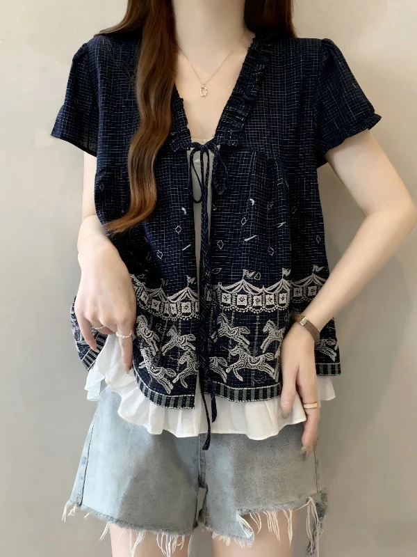 

Blue V-neck Short Sleeve Doll Shirt Women's Fashion Spring Summer New Loose Fit Korean Style Commute Wind Blouse Top