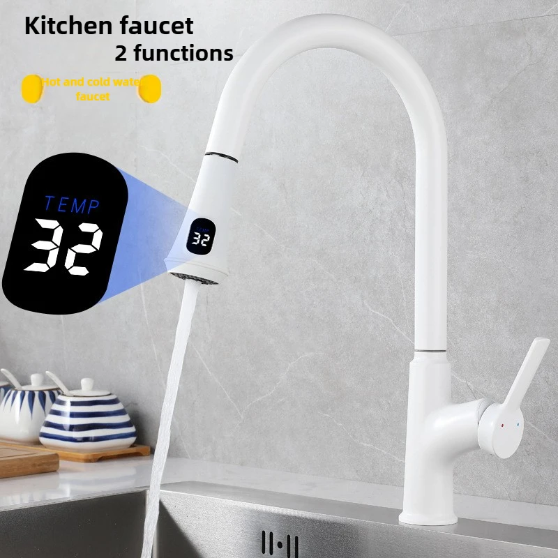 

Digital Display Anti-fingerprint Kitchen Washing Basin Copper Faucet White Gray Hydroelectric Hot and Cold Pumping