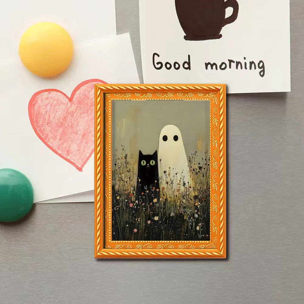 1 Piece of Vintage Wildflower Black Cat and Cute Ghost Fridge Magnet, Dark Pastoral Style Halloween Floral Ghost Cat Art Magnet, Decorative Magnetic Sticker for Refrigerator, Storage Cabinet, Whiteboard, Cute and Quirky Cat Lover Gift