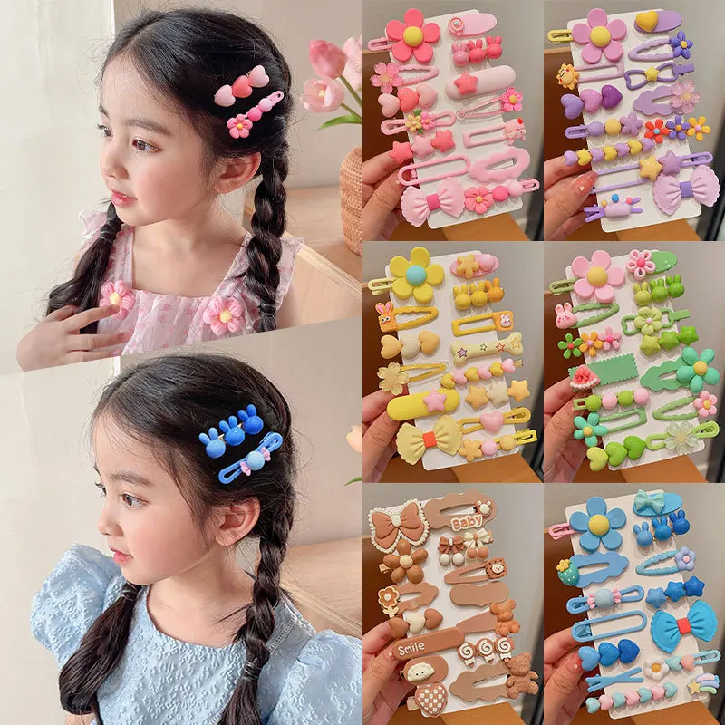 14Pcs/Set Children Cartoon Flower Hair Clips Baby Girls Cute Bowknot Hairpin Barrettes Headwear Kids Cartoon Hair Accessories