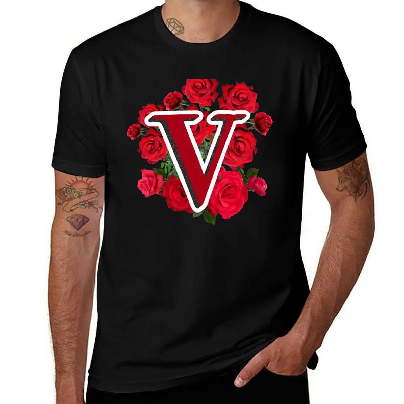 

The Letter V Surrounded by Roses! T-Shirt kawaii clothes custom t shirt gifts for boyfriend anime mens tall t shirts