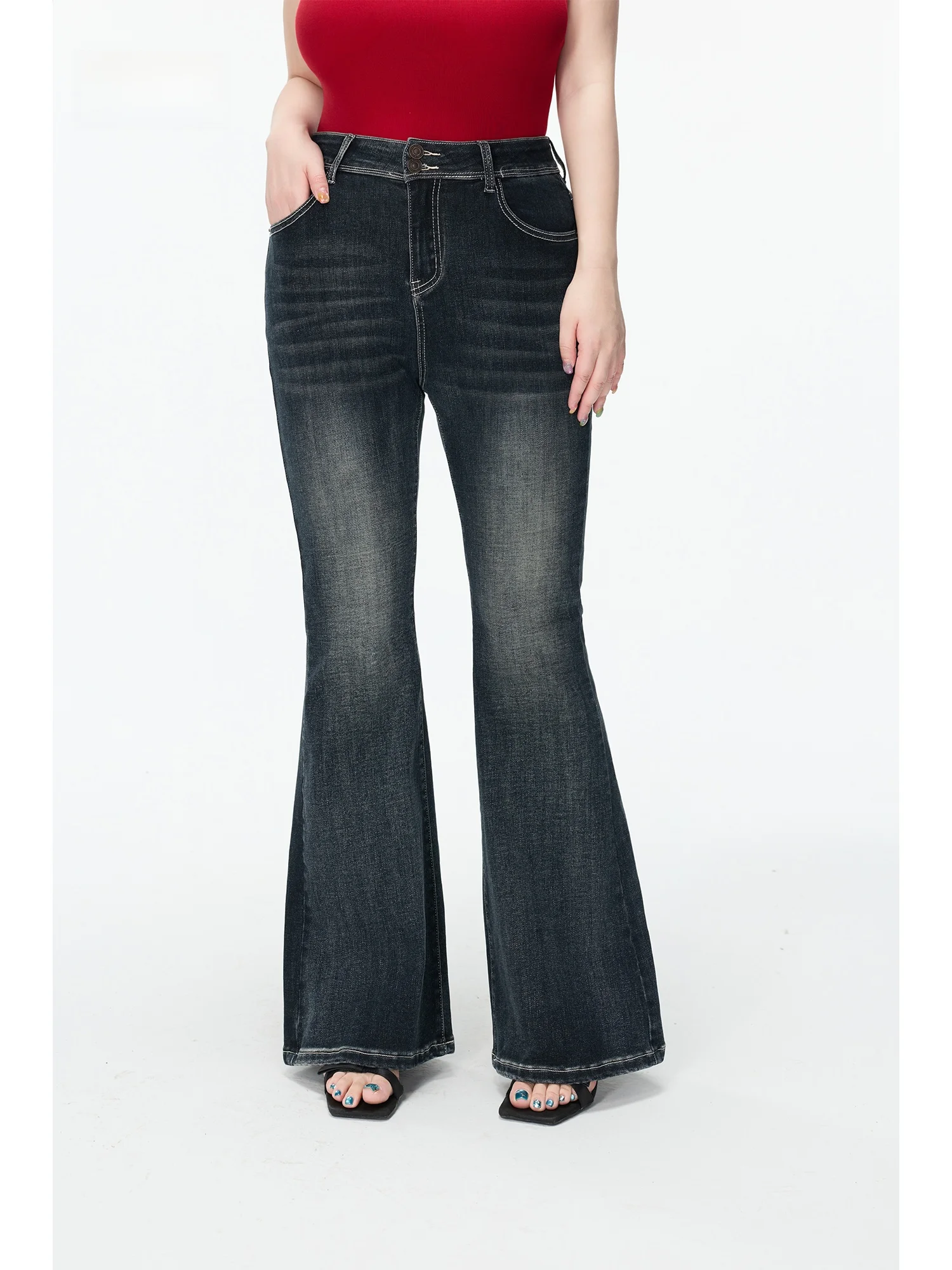 

Slimming High Waist Flared Jeans Women's Vintage Faded Stretchy Floor-Length Bell Bottoms Casual Style Soft Fabric All Seasons
