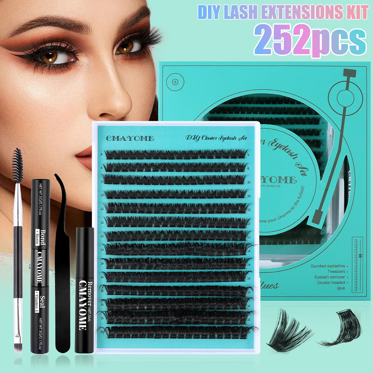 

DIY 252 Clusters False Eyelashes Kits Cross Natural Individual Curl Fake Eye Lashes Set with Tweezers Glue Waterproof Lash Daily