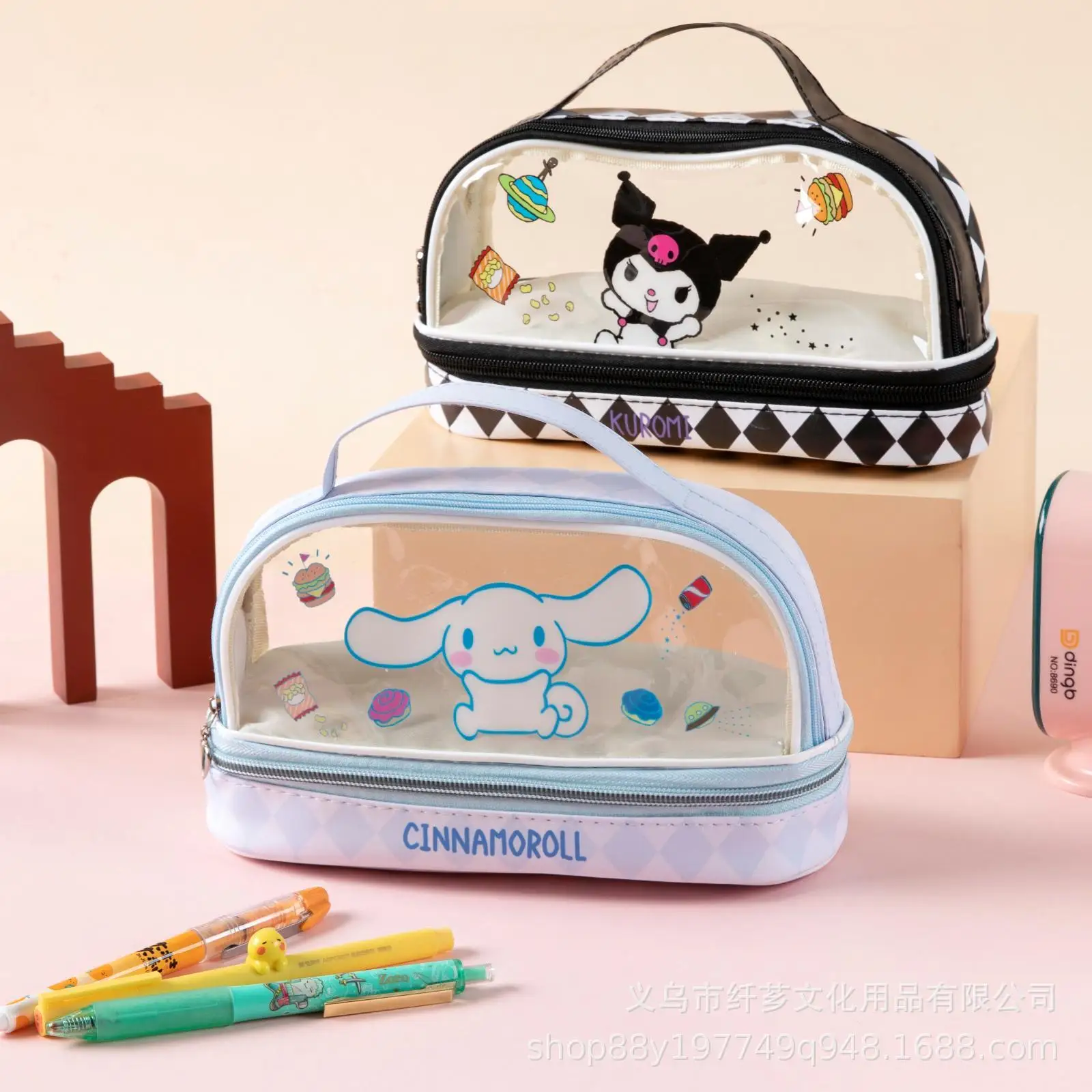 

1/8PCTransparent Double-Layer Pencil Case Kuroomi Large-Capacity Elementary School Stationery Pouch Handheld Cartoon Pencil Case