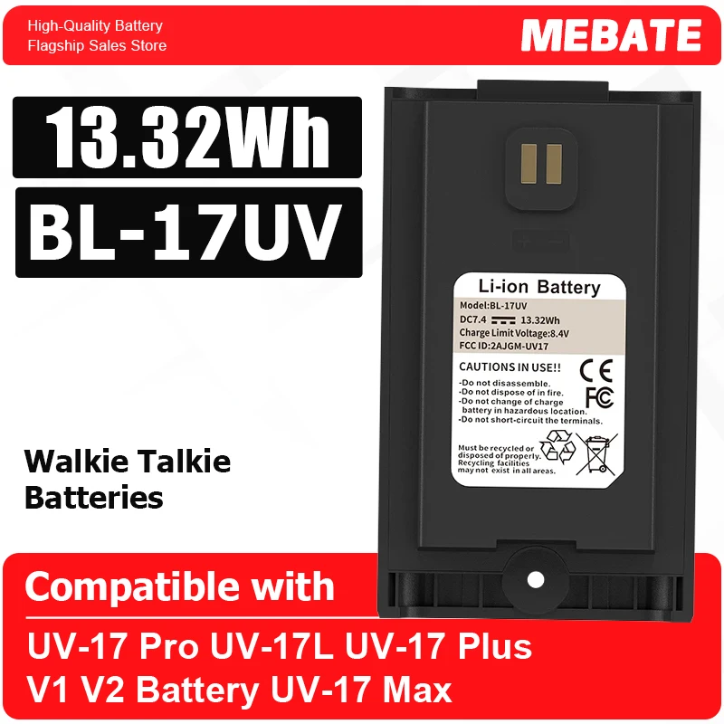 

Аккумулятор для Baofeng UV-17 Pro, 7.4V 13.32Wh, оригинальный BL-17UV, перезаряжаемый, для UV-17L, UV-17 Plus V1 V2, UV-17 Max