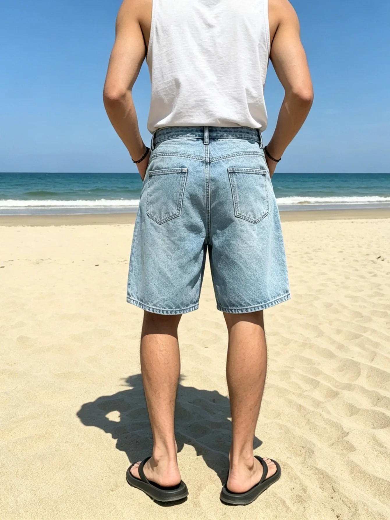 Blue Minimalist Loose Fit Non Stretch Denim Jorts For Men Simple Plain Style Lightweight Durable Summer Daily Leisure Bottoms