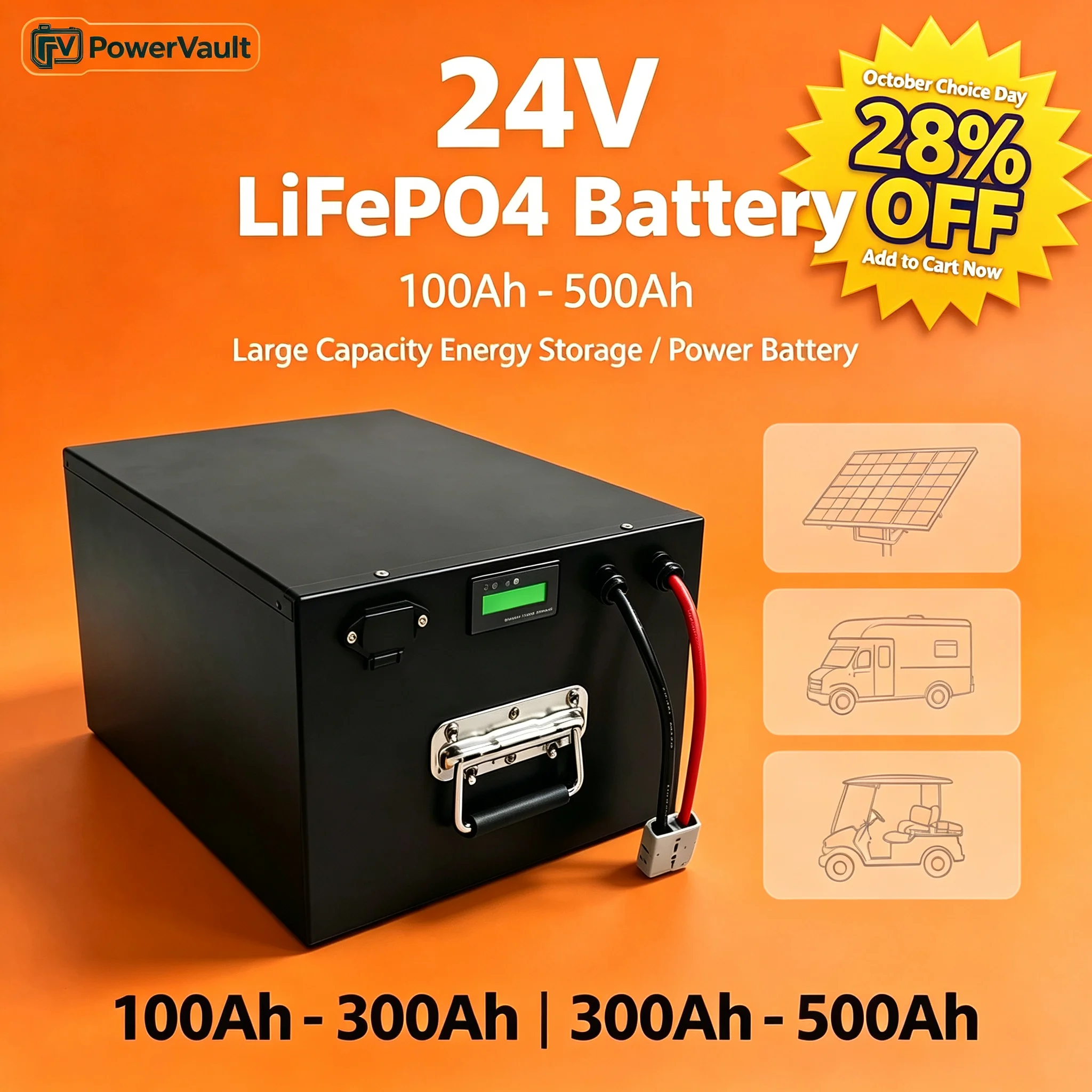 24V LiFePO4 Battery 100Ah 200Ah 300Ah 500Ah , Built-in 300A BMS 6000 Cycles 7200W for Solar RV Marine Golf Cart Home Backup
