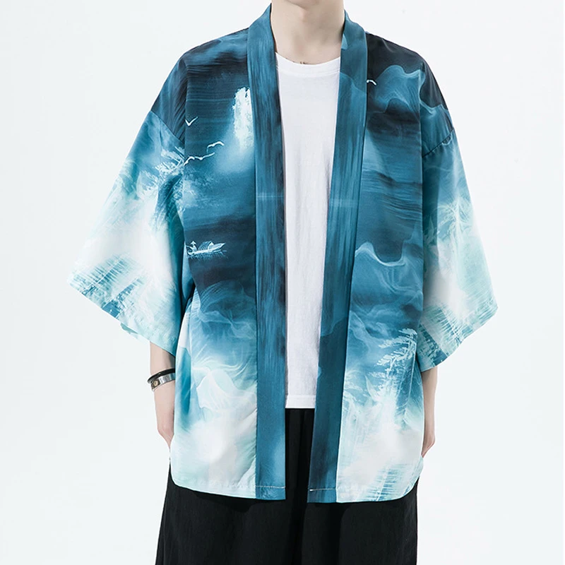 

Chinese Style Ink Printed Kimono Cardigan PLUS SIZE 5XL Gown Loose Samurai Jacket Coat Traditional Retro Casual Streetwear