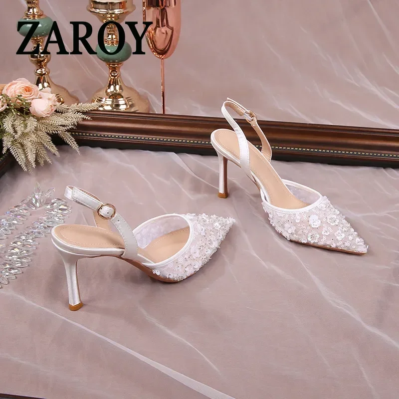 Outlet ClearanceSize 34-42 2026 Summer Beaded High Heel Wedding Shoes Women Lace Mesh Party Dress Shoes
