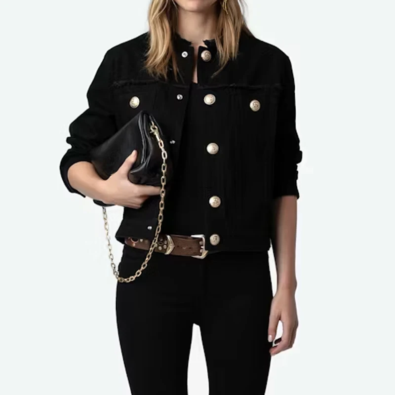 

Women Black Denim Jacket Slim Cotton Lapel Coat Embroidered Crew Neck Tops Female Long Sleeve Button Jackets Lady White Coats