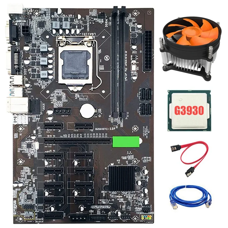 placa mae mineracao 12 pci e16x cartao grafico lga 1151 ddr4 sata30 com cpu g3930 ventilador para bitcoin miner btc b250 01