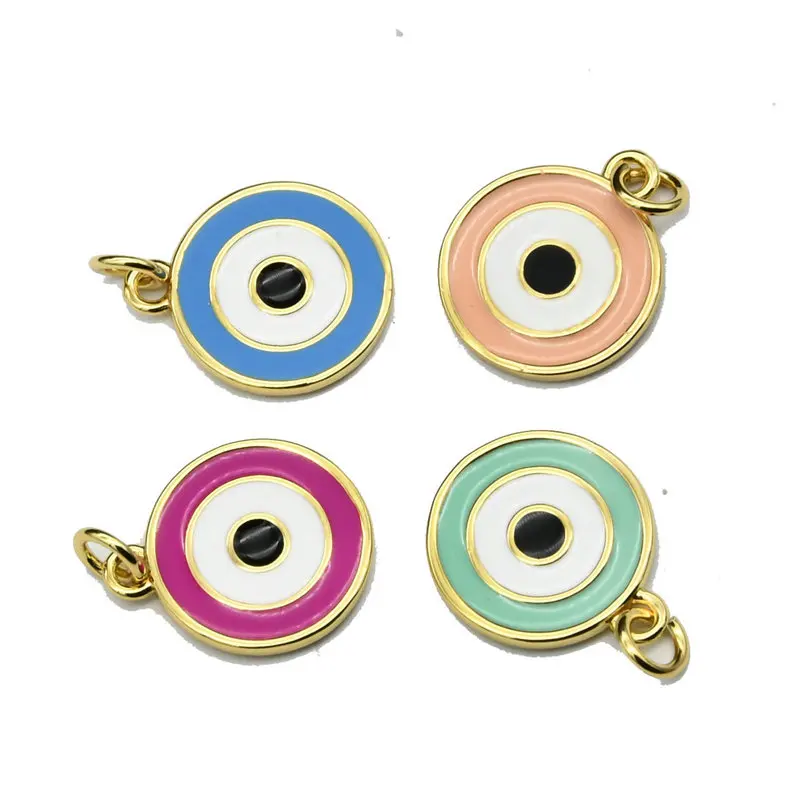 

Fashion Jewelry Accessories Findings Anti Fading Gold Plated Copper Multi Color Enamel Round Evil Eye Charms for DIY Making