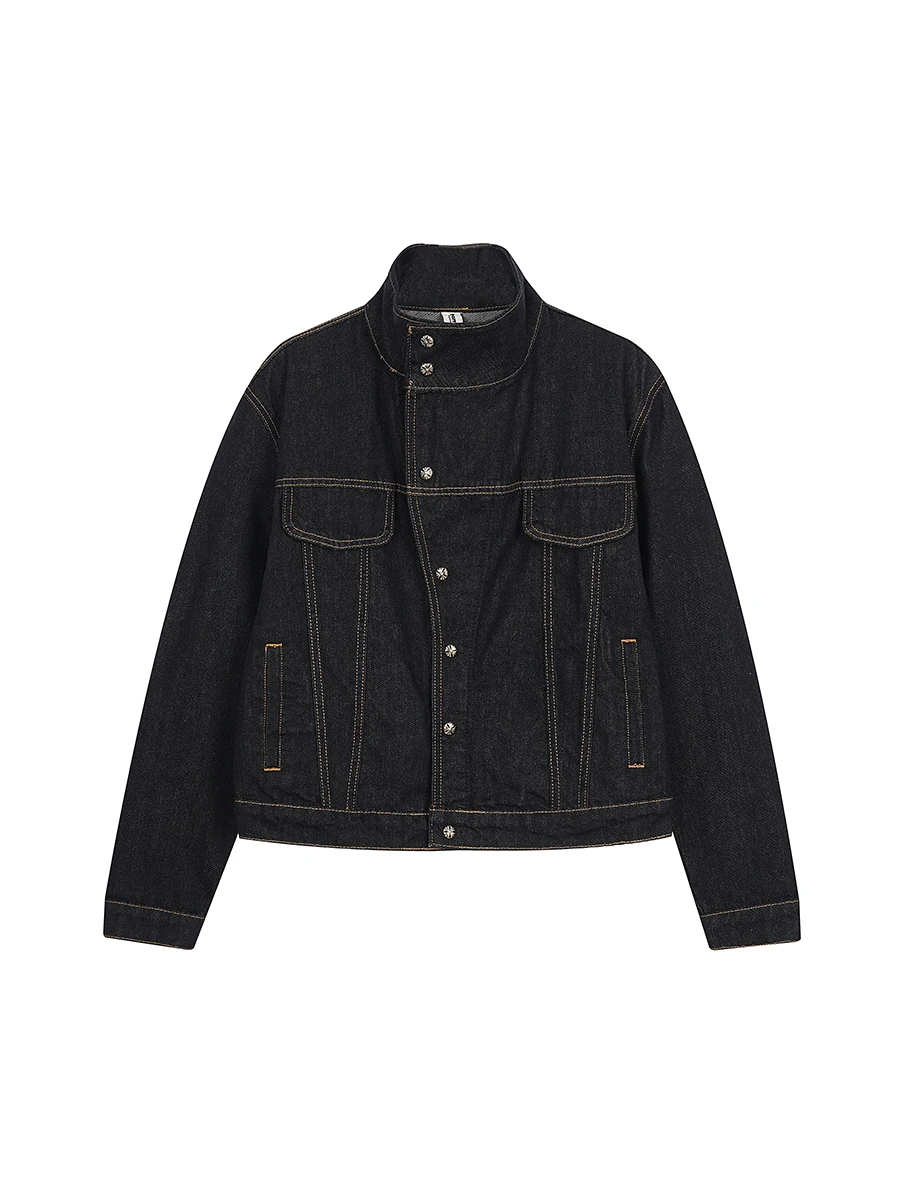 

American Retro Tailored Denim Jacket Street Style Hard Short Coat Trendy Side Button Stand Collar Jeans Vests Loose Fit