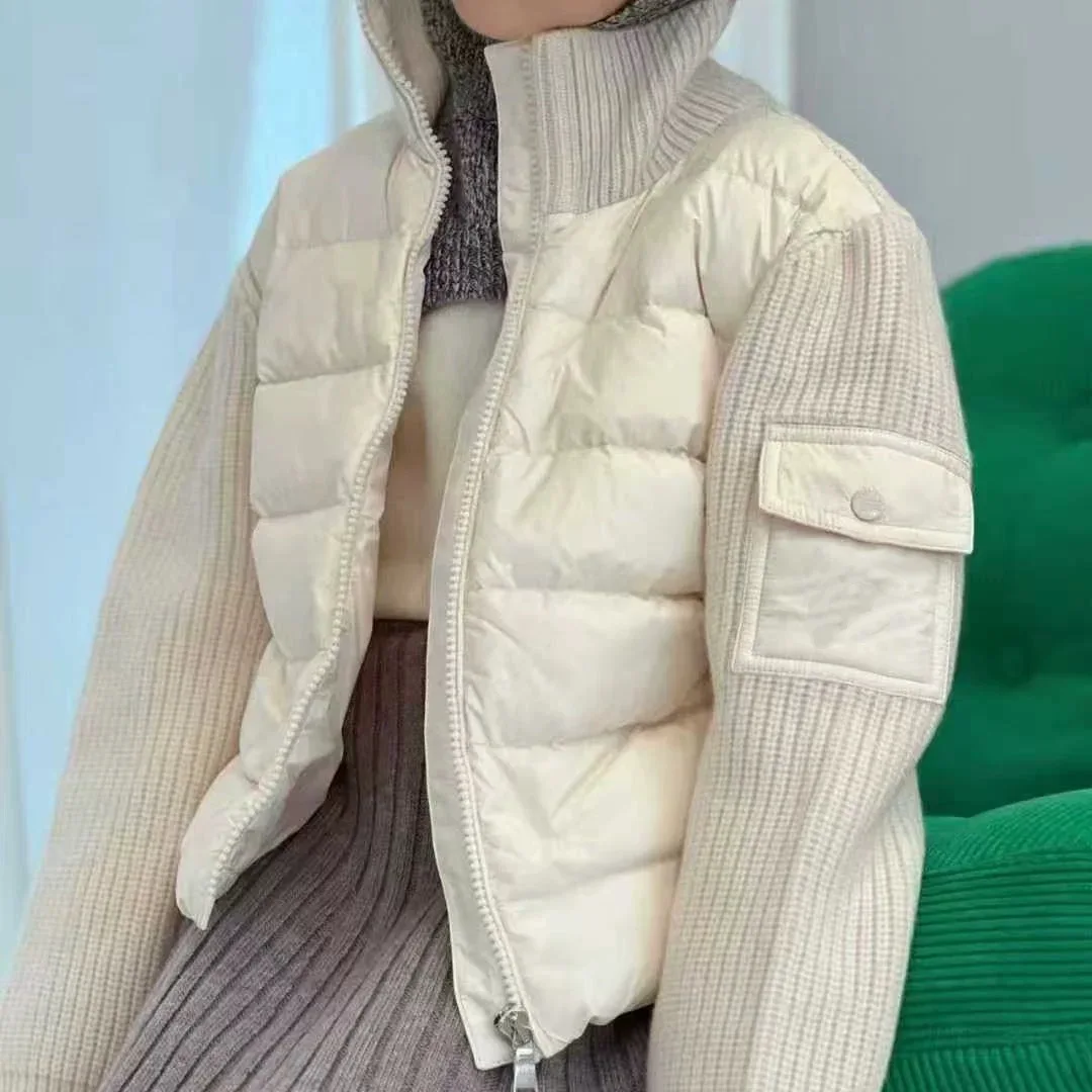 

2025 autumn and winter new children's parent-child pure wool knitted sleeve splicing stand collar goose down jacket for girls