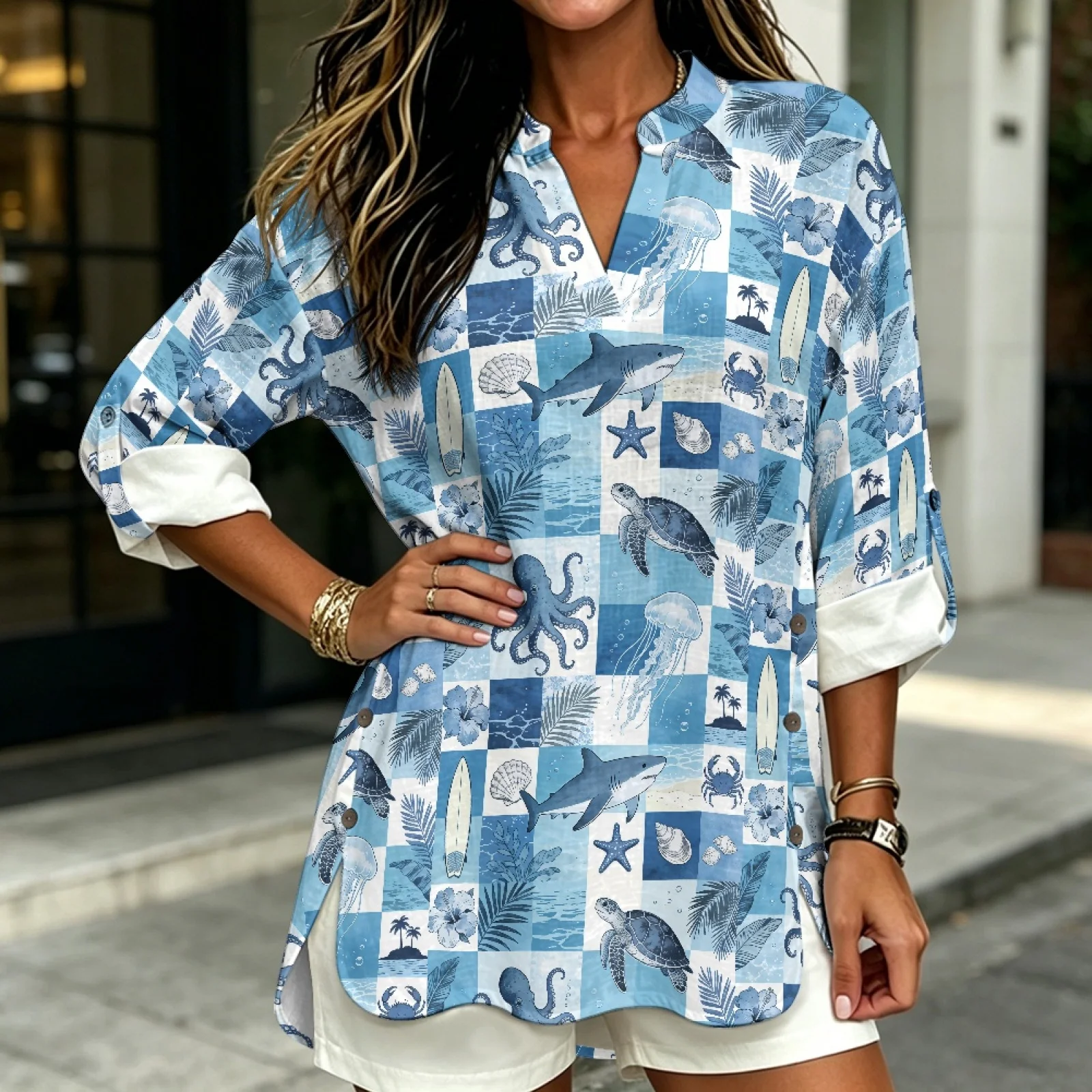PENSTROLL Blue Ocean Patchwork Side Slit V Neck Blouses for All Occasions Linen Like Tunic Top Sizes S-5XL