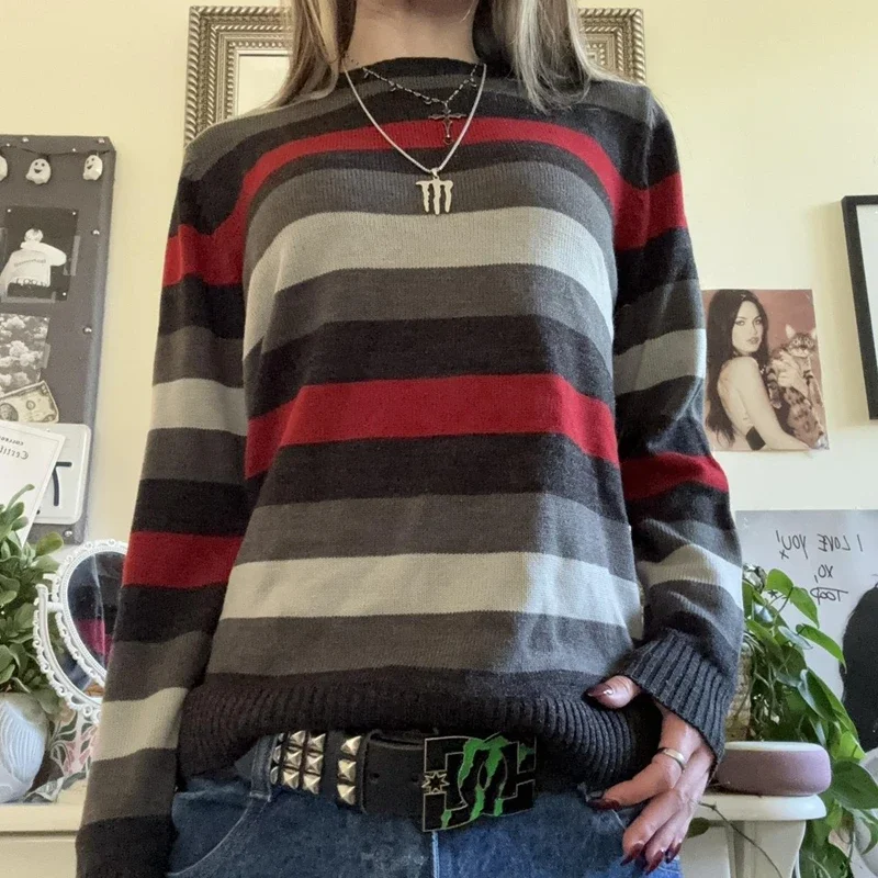 Женский пуловер с длинным рукавом Y2k, винтажный свободный трикотажный пуловер в полоску в стиле гранж, осень