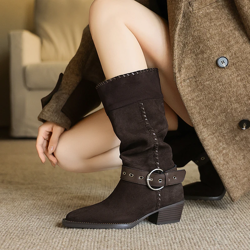 

2025 New Trend Women Cow Suede Mid-calf Boots Western Boots Autumn Winter Coffee Caramel Pointed Toe Buckle Thick Heels Shoes