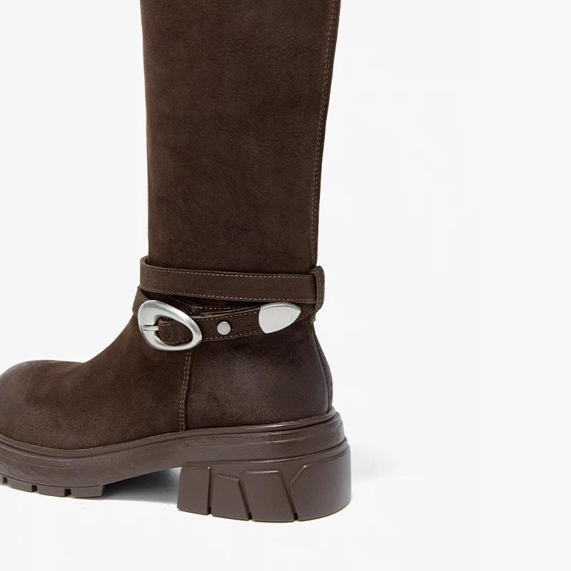 BEAUTODAY Knee High Boots Women Cow Leather Round Toe Solid Color Thick Heel Belt Buckle Retro Knight Tube Boots Handmade 01610
