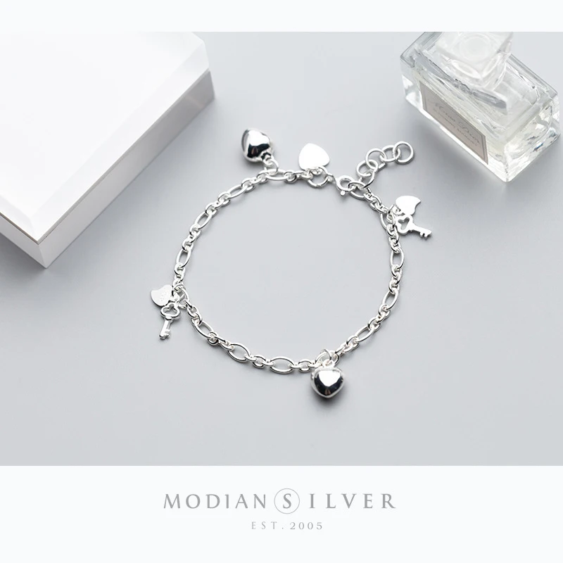 Modian New 925 Sterling Silver Simple Hearts Key Charm Bracelet Bangle for Women Link Chain Korea Style Fine Jewelry Pulseira