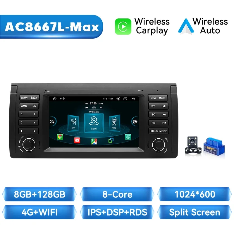 Draadloze Carplay Auto Radio Speler Voor Bmw 5 Serie E39 X 5 E53 M5 1996-2003 Android 14 Navigatie Stereo 4G Wifi 8G + 128Gb Gps Dsp