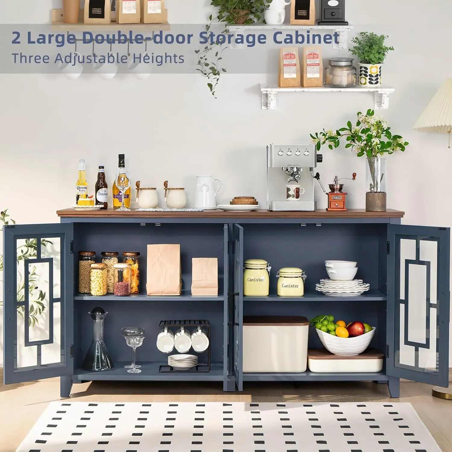 [XMSJ-مخزون محدود، اشتر الآن! ]خزانة بوفيه جانبية كبيرة مع مساحة تخزين، خزانة بار نبيذ القهوة للمطبخ مقاس 63 بوصة مع 4