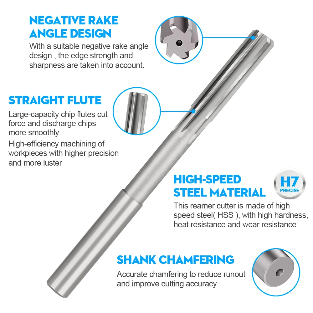 1PC HSS Reamer Chucking Machining Tool Straight Flute H7 Shank Diameter 1mm-12mm for Metal Steel Hole Drill