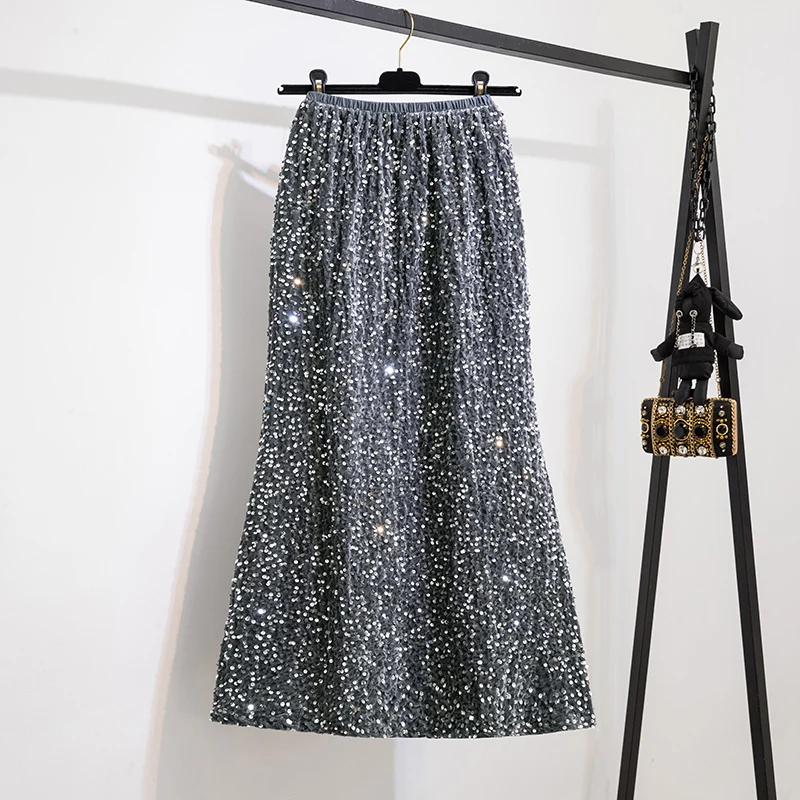 Stylish Velvet Sequins Long Bodycon Skirt For Women Elegant Fashio Chic Ladies Elastic High Waist Mermaid Skirts Ropa Mujer 2024