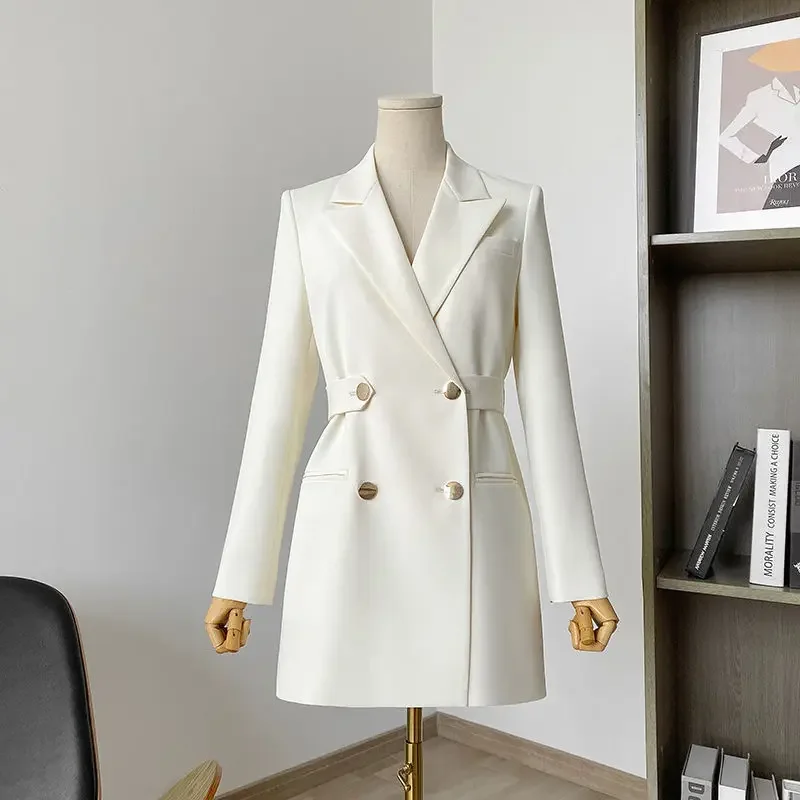 2023 Herfst Blazers Voor Vrouwen Dubbele Rij Knopen Taille Lange Mouw Top Jas Mode Effen Kleur Losse Elegante Vrouwen Kleding