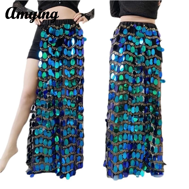 2024 Women Sexy Belly Dance Sequin Long Skirts Ladies Mermaid Wrapped Hip Long Dress Belly Dance Stage Performance Practice Suit