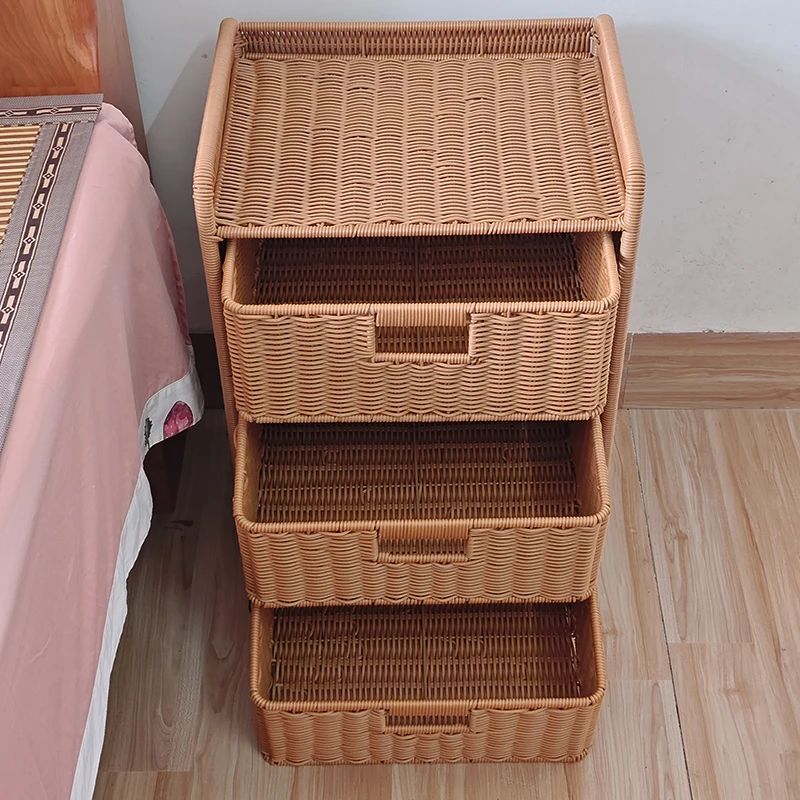 

Imitation Rattan Storage Cabinet 3-Tier Floor Shelf for Living Room Bedside Organizer with Drawers Multifunctional Nightstands