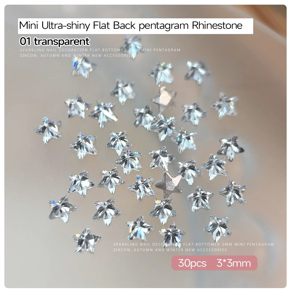 30Pcs/box Y2K Clear/Colorful Crystal Pentagram Nail Art Decor 3x3mm Five-Petal Star Nail Charms DIY Flat-Back Star Nail Parts
