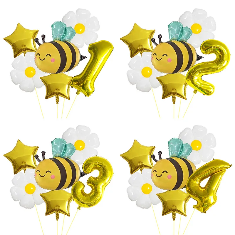 6 stücke Nette Biene Gänseblümchen Ballon 32 zoll Goldene Zahl Geburtstag Ballon Set Festival Taufkleber Liefert Geburtstag Party Dekoration