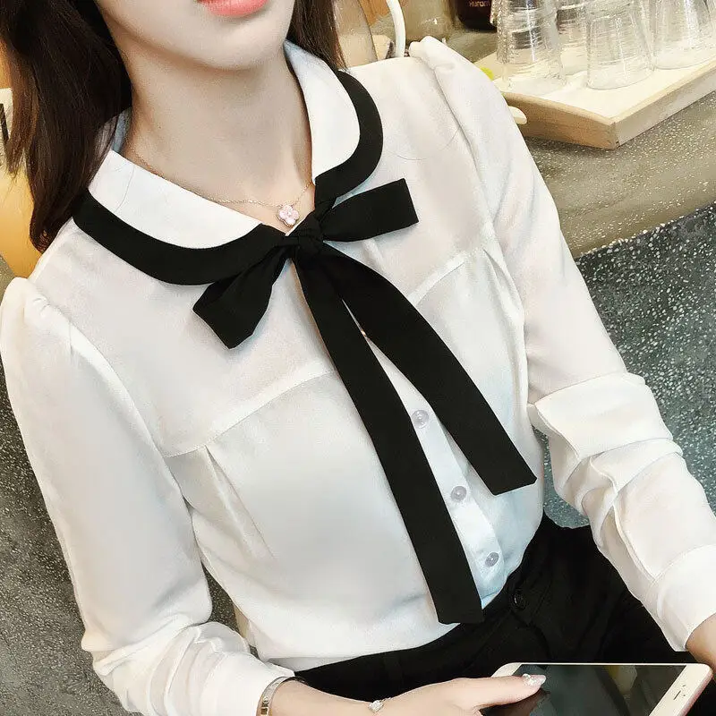 Spring Autumn Women\'s Clothing Peter Pan Collar Lantern Long Sleeve Button Cardigan Shirt Casual Elegant Scarf Collar Tops